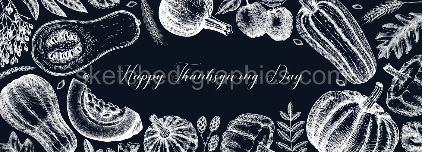 Thanksgiving background. Pumpkins sketches on chalkboard.  Autumn plants and fruit drawings. Vector vegetables, butternut squash, marrow, pumpkin sketches. Fall banner design. Harvest festival. Illustration